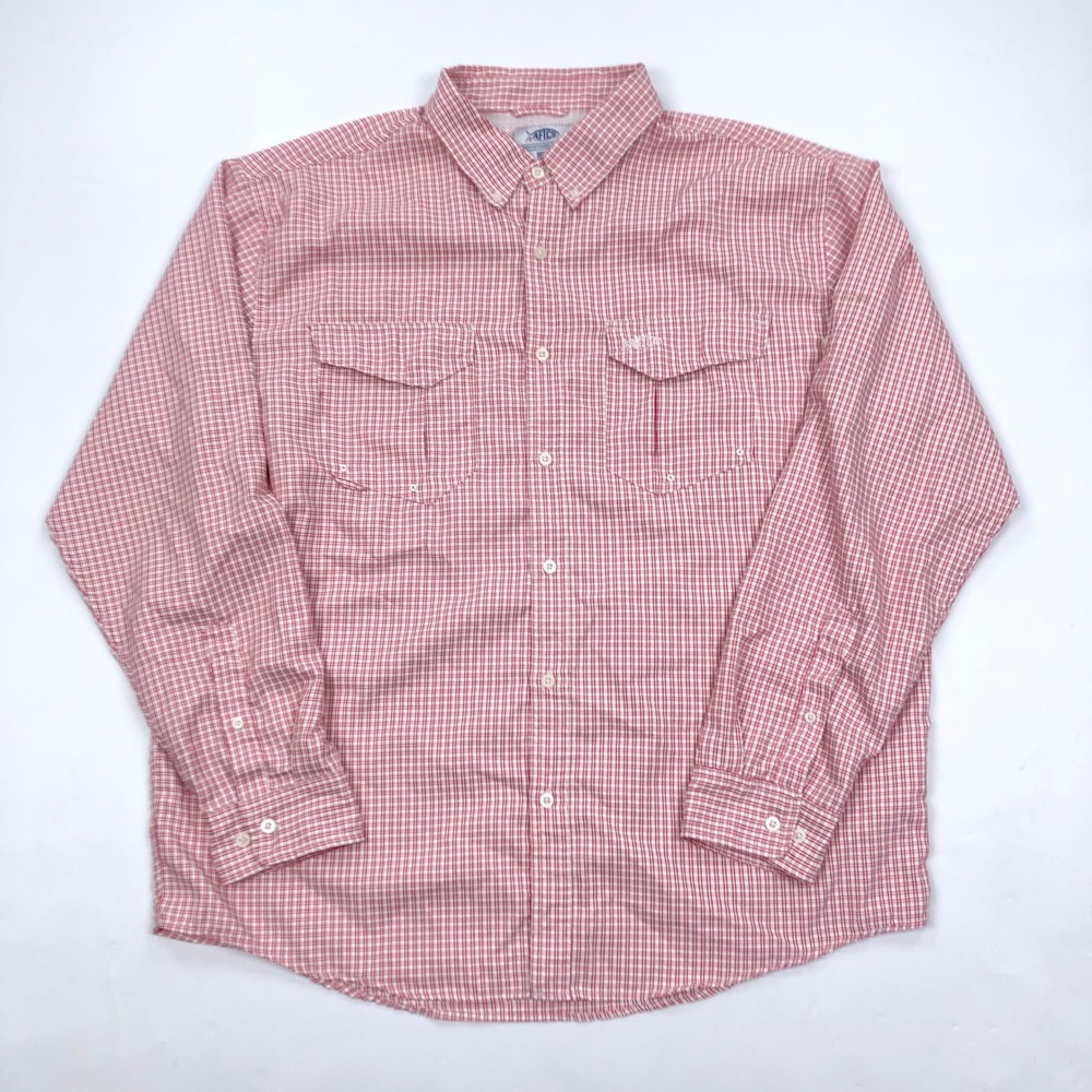 AFTCO Mens XL Red White Check Long Sleeve Fishing Shirt Mesh Vent Button Down